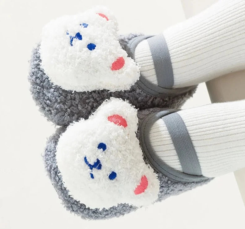 Cartoon Bear Baby Shoes Winter Thick Warm Newborn Shoes Non-slip Soled Soft Plush Toddler Kids Boy Girls Infant First Walkers