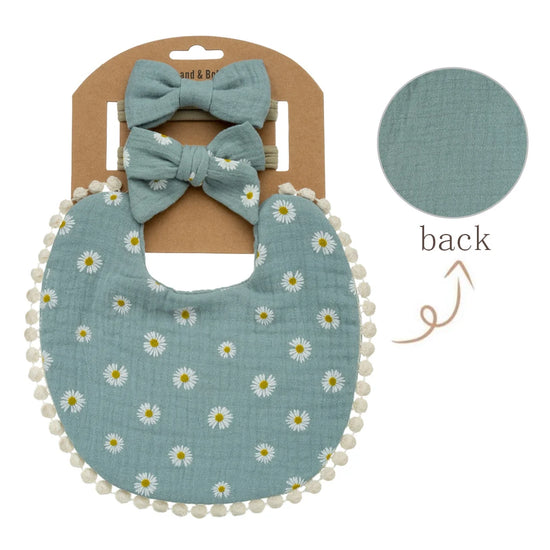 3-Piece Baby Bib & Bow Set – Reversible Cotton Bib with 2 Matching Headbands