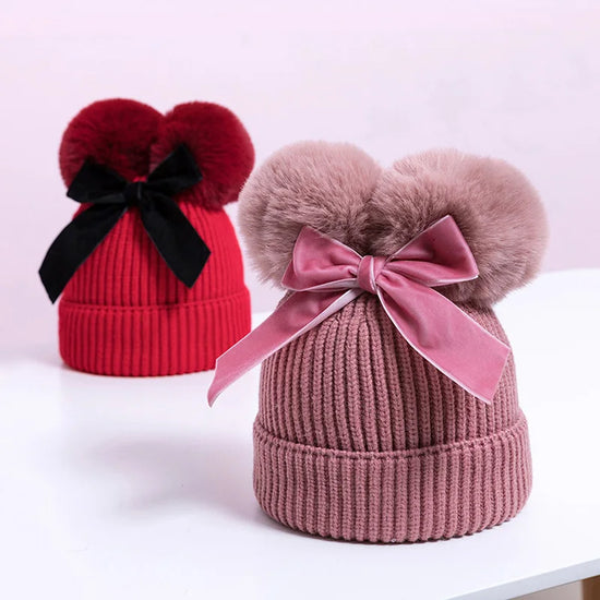 Pompom Bow Kids Beanie