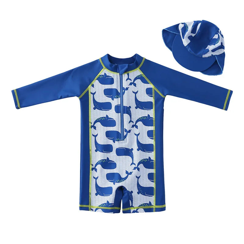 Baby Boy Swimsuit With Hat | UPF50+ Sun Protection Swimwear | Long Sleeve Beach & Pool Outfit