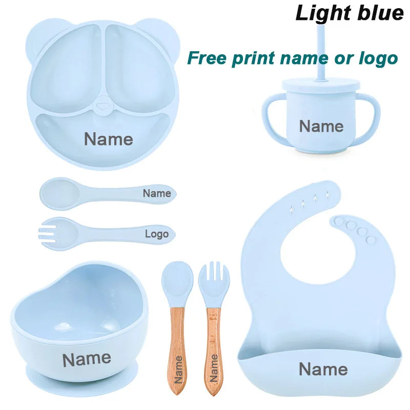 Baby Silicone Feeding Set – 8Pcs Suction Bowl, Bear Plate, Cup with Straw | Non-Slip Kids Tableware
