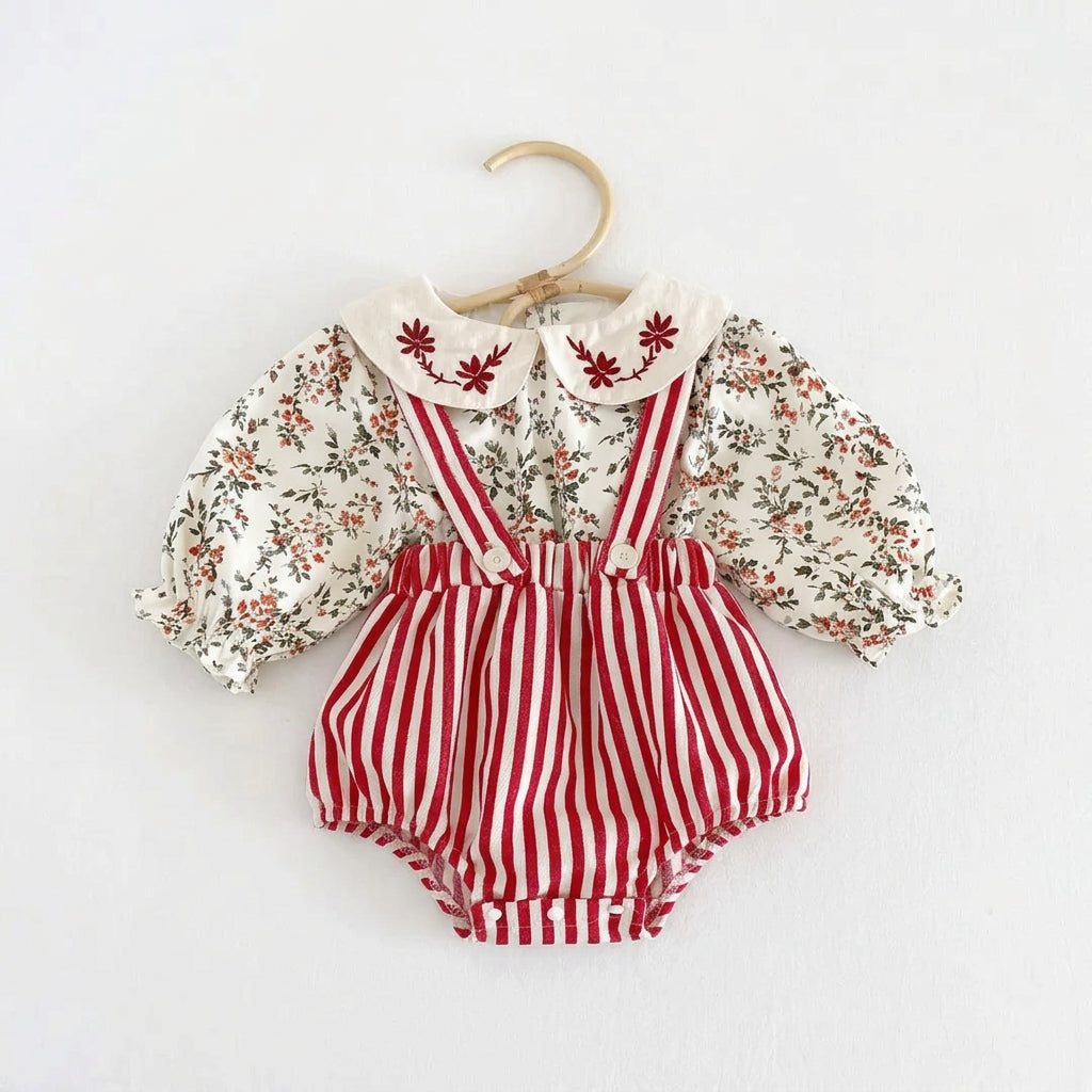 Floral baby blouse with an embroidered Peter Pan collar paired with red and white striped suspender bloomers