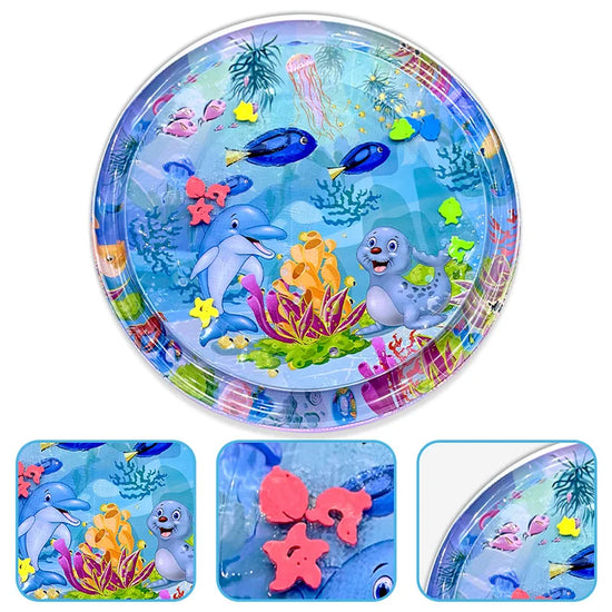 Large Baby Water Play Mat – Inflatable Round Cushion with Dolphin & Seal Pattern | Safe PVC Baby Tummy Time Toy