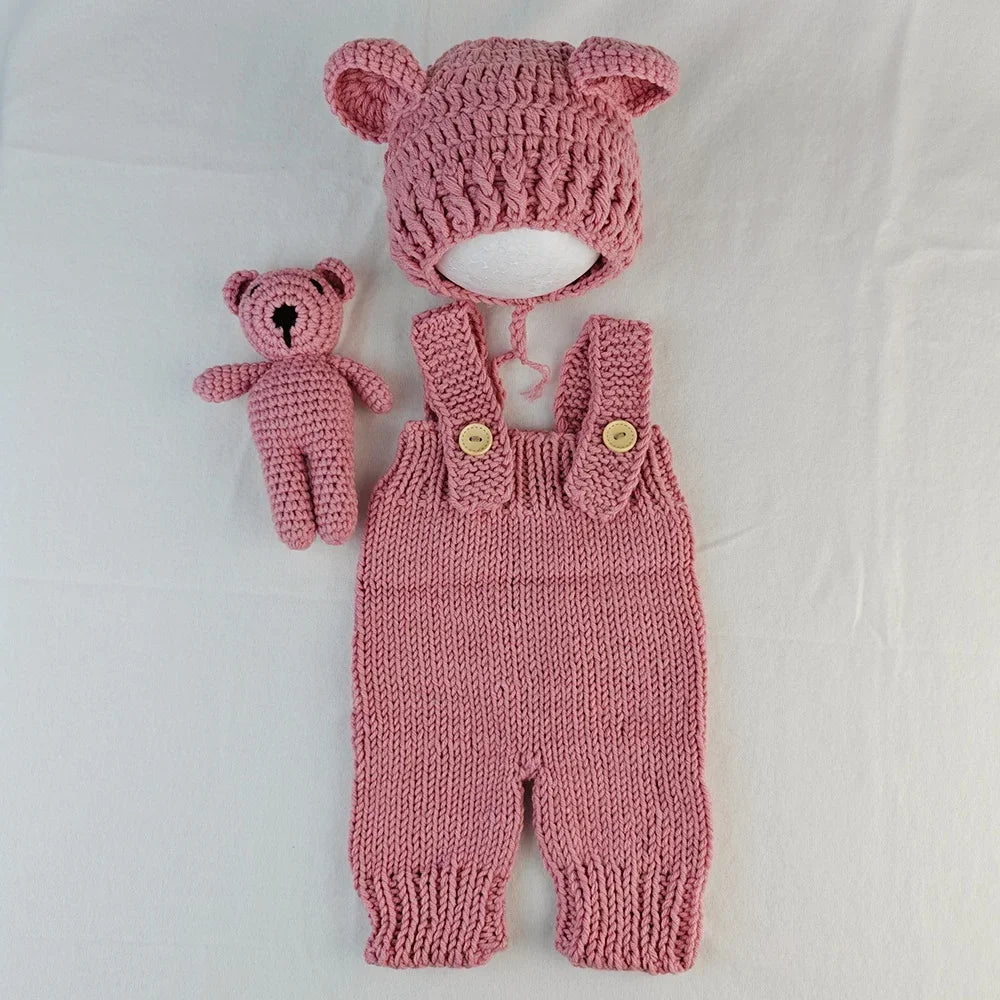 3pcs Newborn Photography Outfit | Knit Romper, Bear Hat & Teddy Set