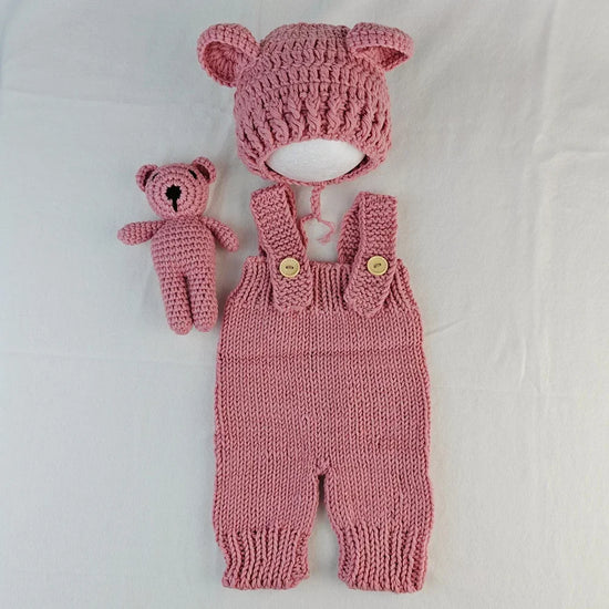 3pcs Newborn Photography Outfit | Knit Romper, Bear Hat & Teddy Set
