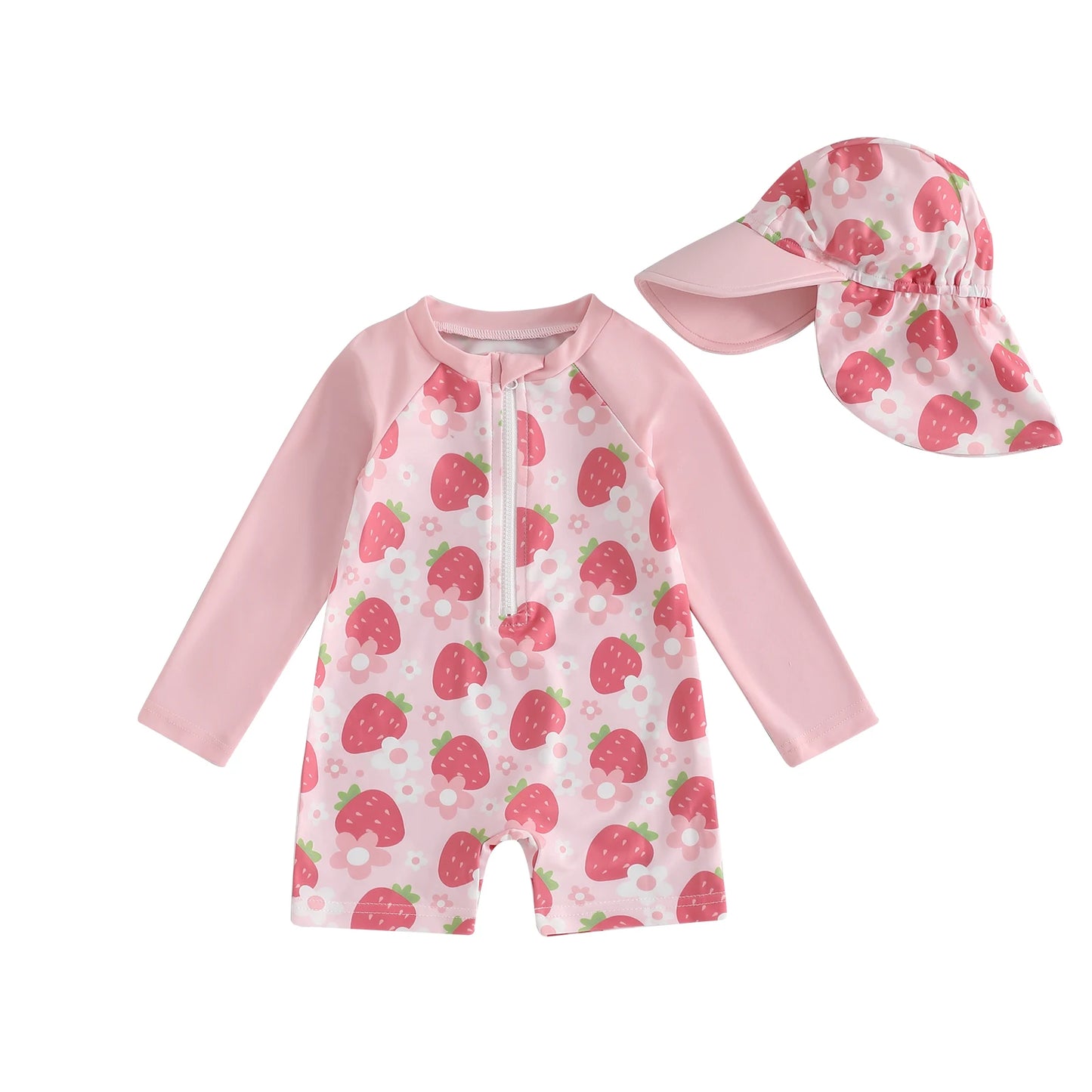 Baby Girl Strawberry Swim Romper Set | UV Sun Hat Summer Swimsuit