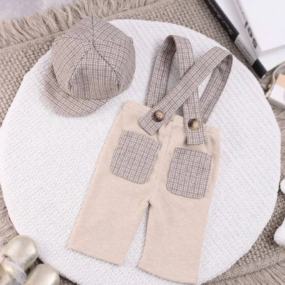 Baby Boy Vintage Suspender Pants & Newsboy Cap Set – Herringbone Gentleman Outfit