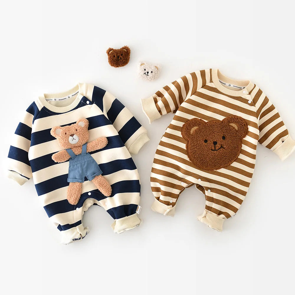 Popular Baby Rompers Thicken Lining Boys Clothes Striped Girls Jumpsuits Bear Outfit