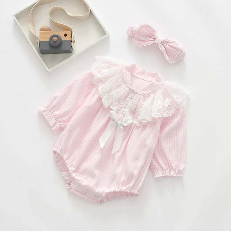 Baby Girl Lace Romper | Pink Blue Newborn Vintage Outfit