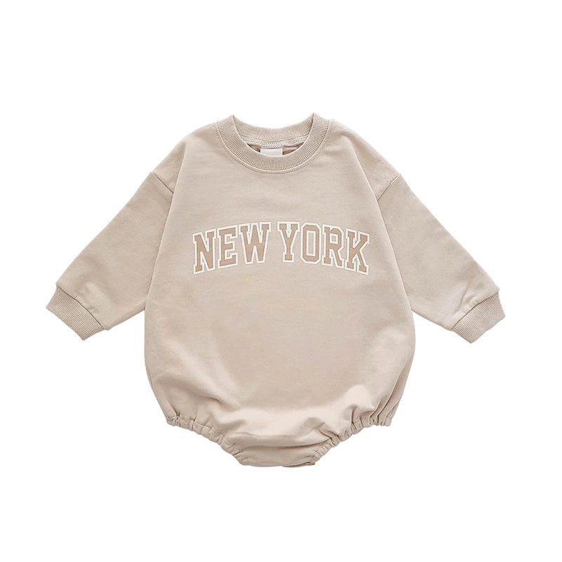 Baby New York Sweatshirt Romper | Neutral Toddler Streetwear Outfit