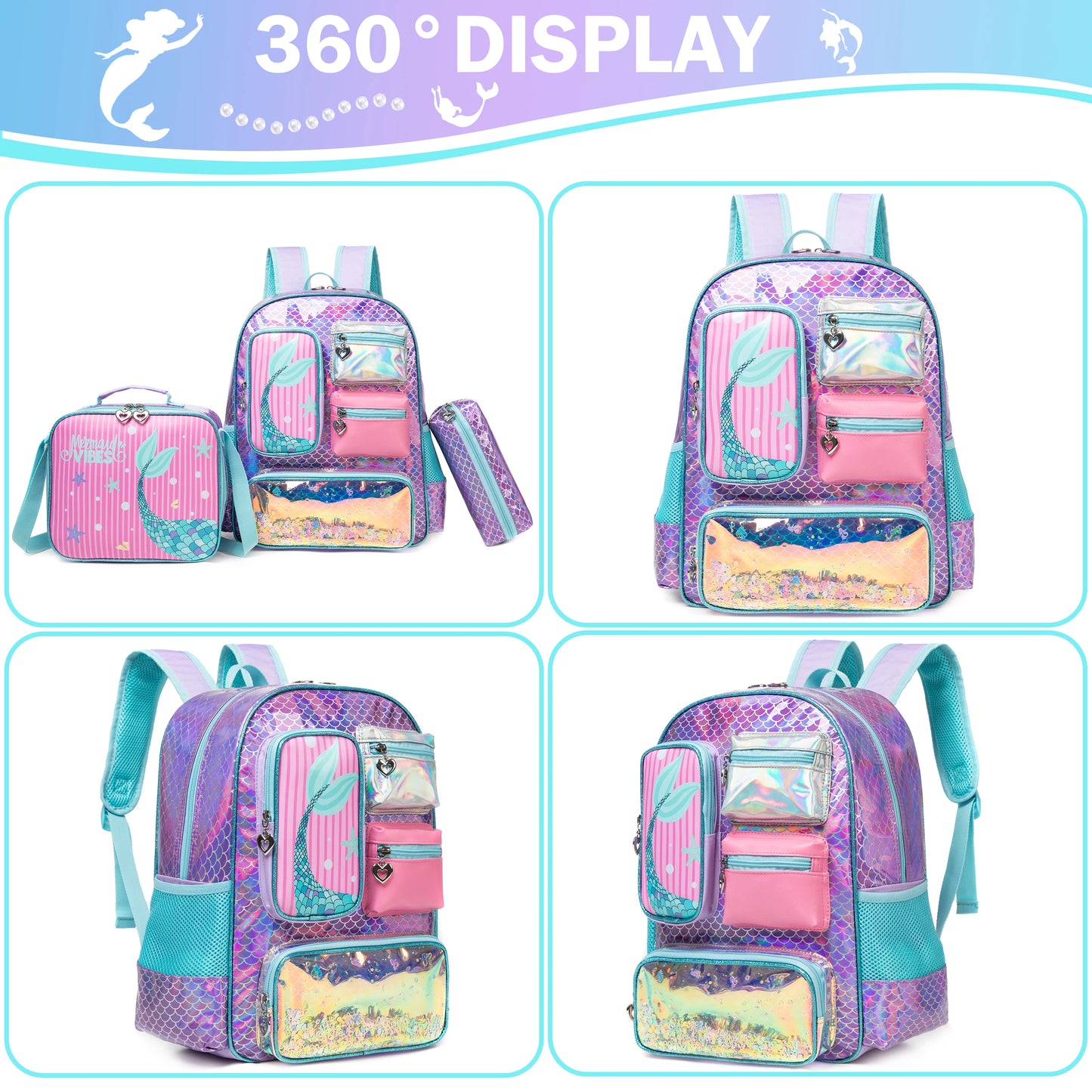 3-Piece Mermaid Backpack Set for Girls – School Backpack, Lunch Bag & Pencil Case