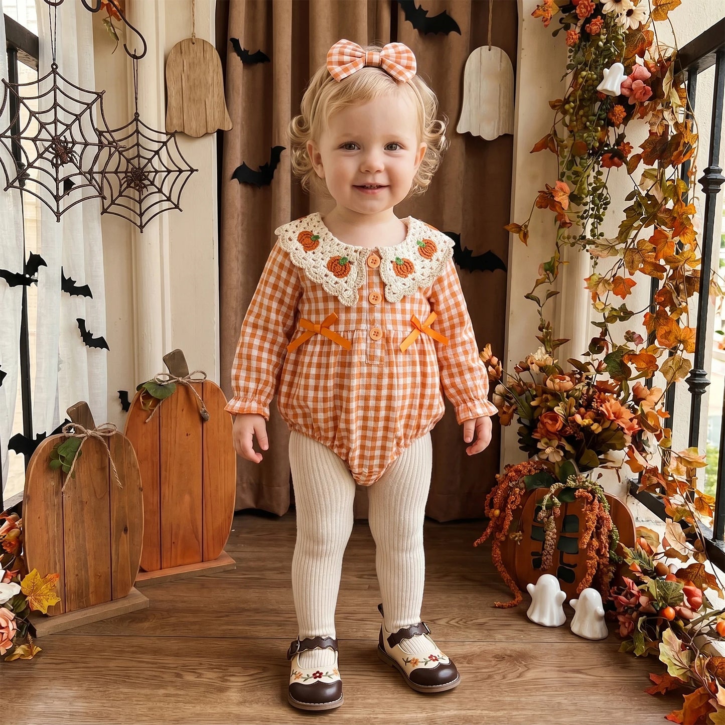 Pumpkin Gingham Baby Romper with Crochet Collar & Matching Bow Headband