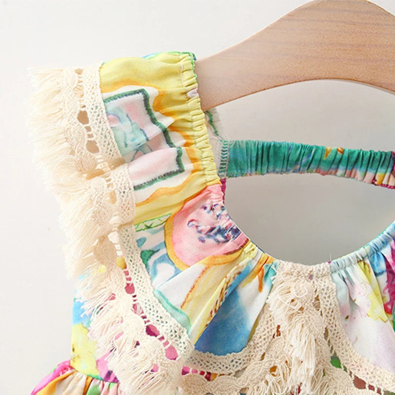 Baby Girl Colorful Graffiti Floral Summer Dress – Boho Lace Ruffle Sundress
