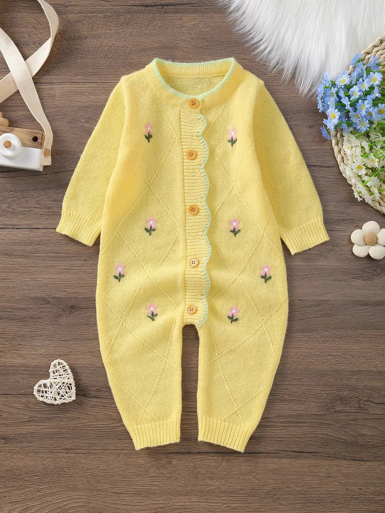 Baby Girl Knitted Jumpsuit | Floral Embroidery Footed Outfit