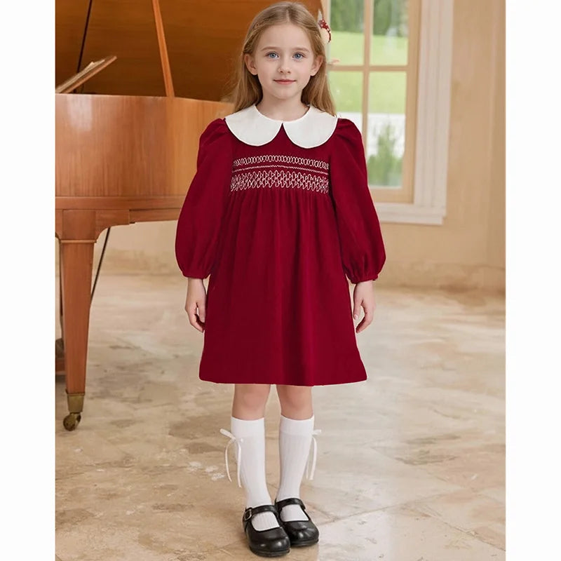 Christmas vintage Red Smocked Holiday Dress for Girls with White Collar | MGK & Co