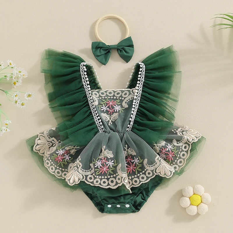 Baby Girl Tulle Lace Romper Dress | Floral Embroidered Princess Outfit with Headband (0–24 Months)