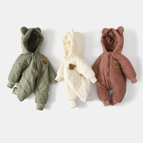Winter Baby Bear Romper – Cozy Hooded Jumpsuit with Ears (Green, Brown & White)