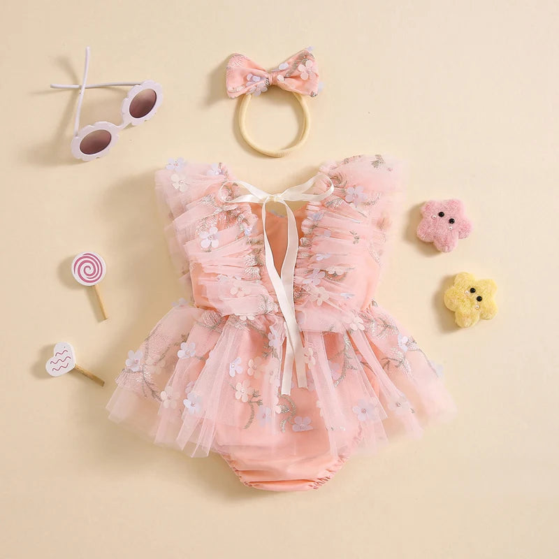 Baby Girl Floral Tulle Romper with Bow | Newborn Toddler Princess Outfit