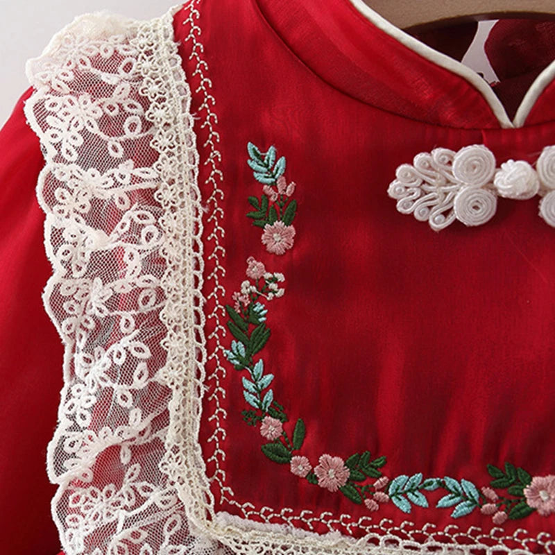 Baby Girl Embroidered Dress Cream, Pink & Red | Vintage Lace Party Outfit