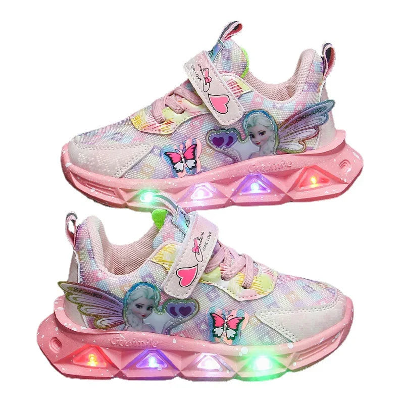 Girl's Sports Shoes Led Lights Sneaker Cartoon Princess PU Leather Girls' Pink Children's Running Shoes
