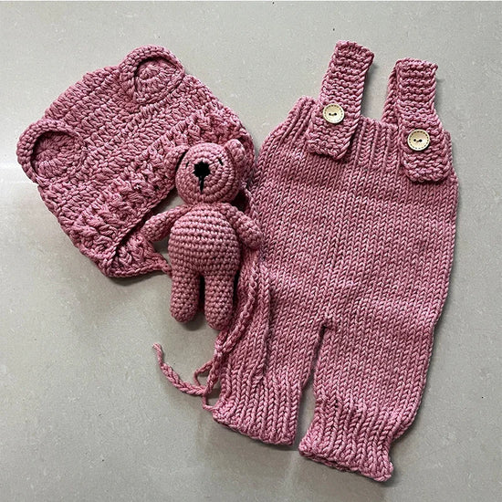 3pcs Newborn Photography Outfit | Knit Romper, Bear Hat & Teddy Set