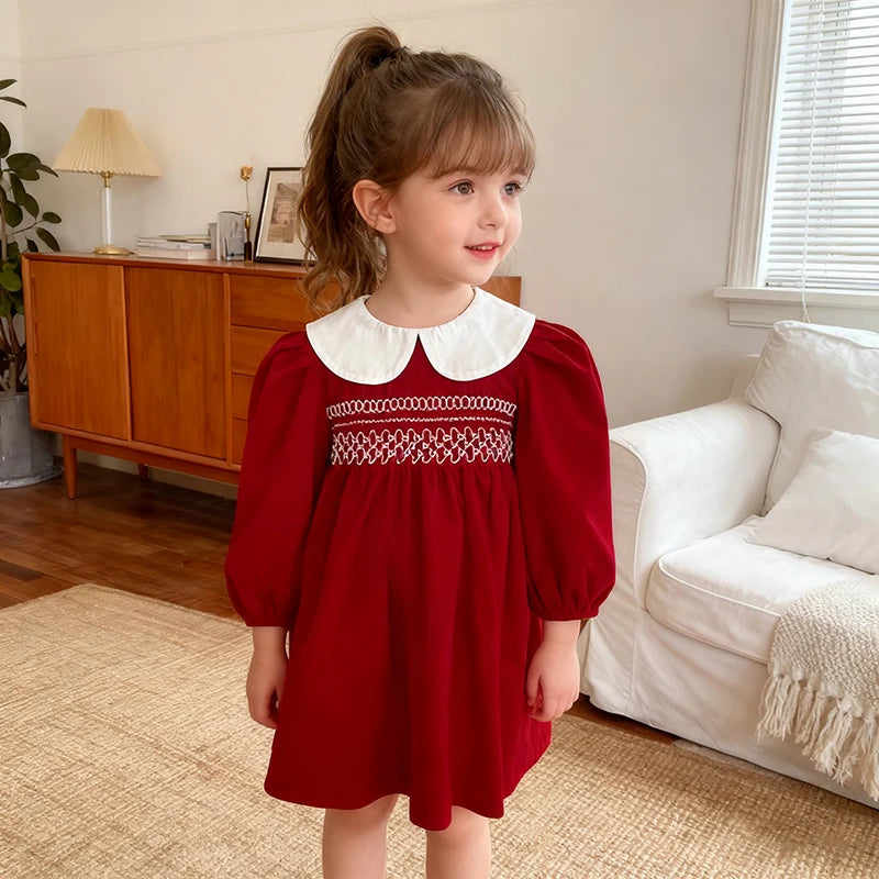 Christmas vintage Red Smocked Holiday Dress for Girls with White Collar | MGK & Co
