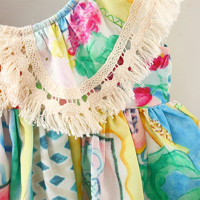 Baby Girl Colorful Graffiti Floral Summer Dress – Boho Lace Ruffle Sundress
