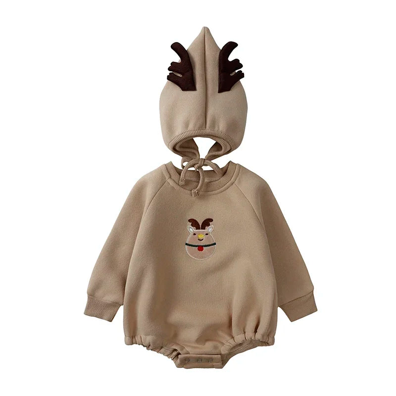 2025 Christmas Costumes Newborn Clothes Baby Romper+Hat Winter Cotton Embroidery Thicken Fleece Toddler Jumpsuit Infant Gift