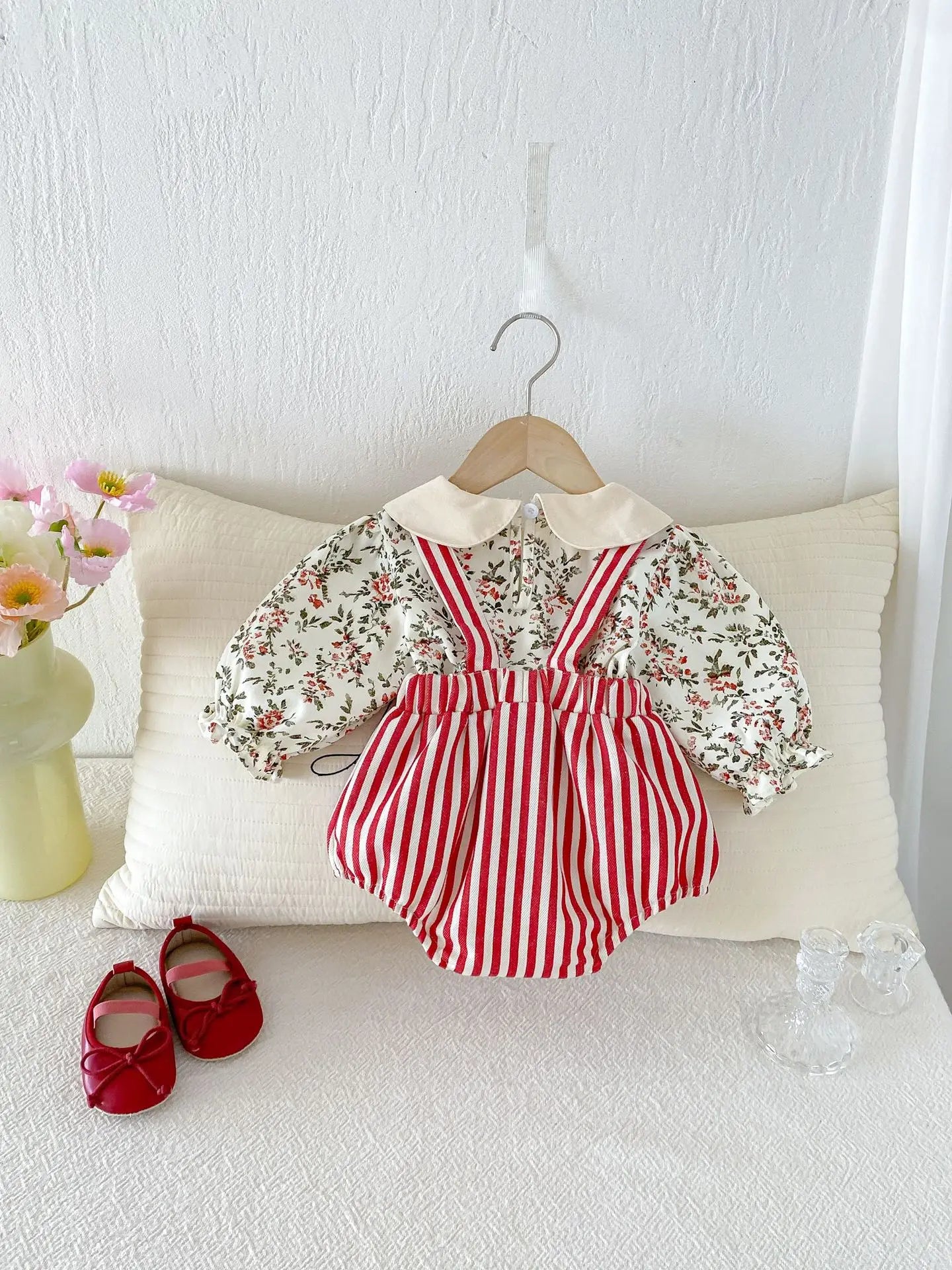 Baby Girl Floral Blouse & Red Striped Suspender Bloomer Set