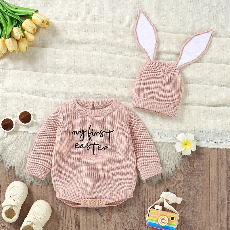 My First Easter Baby Bodysuit with Bunny Ear Hat | Knit Baby Romper Set | Newborn Easter Outfit 0-12M