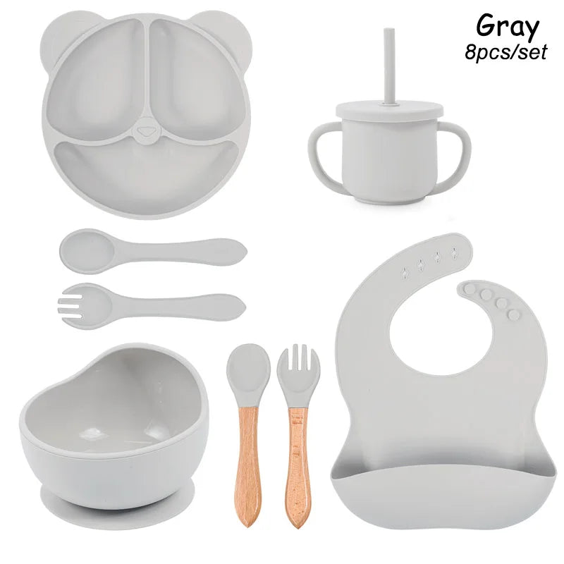 Baby Silicone Feeding Set – 8Pcs Suction Bowl, Bear Plate, Cup with Straw | Non-Slip Kids Tableware