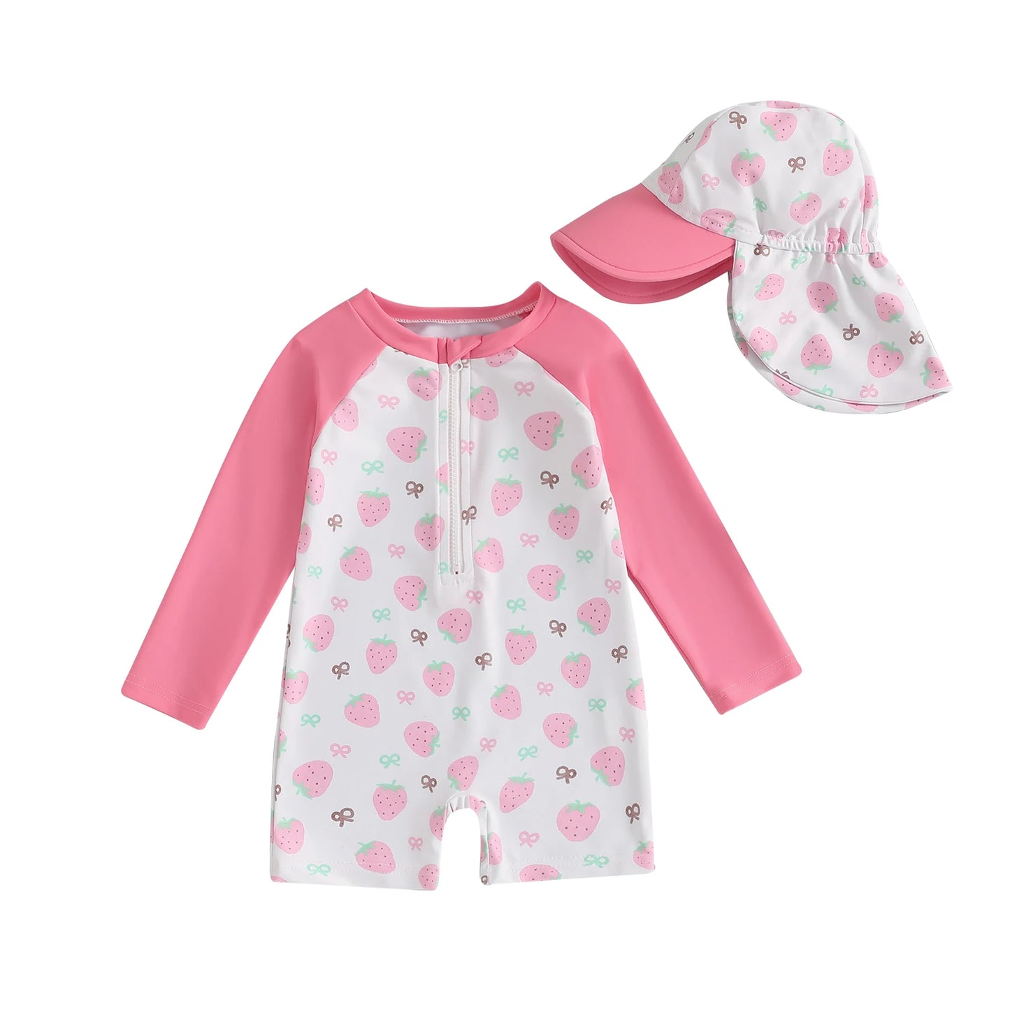 Baby Girl Strawberry Swim Romper Set | UV Sun Hat Summer Swimsuit