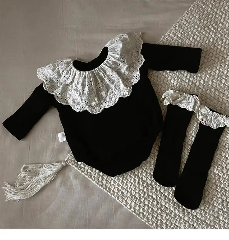 Baby Girl Black Lace Romper Set | Vintage Collar Outfit | Newborn Toddler Bodysuit with Knee High Socks