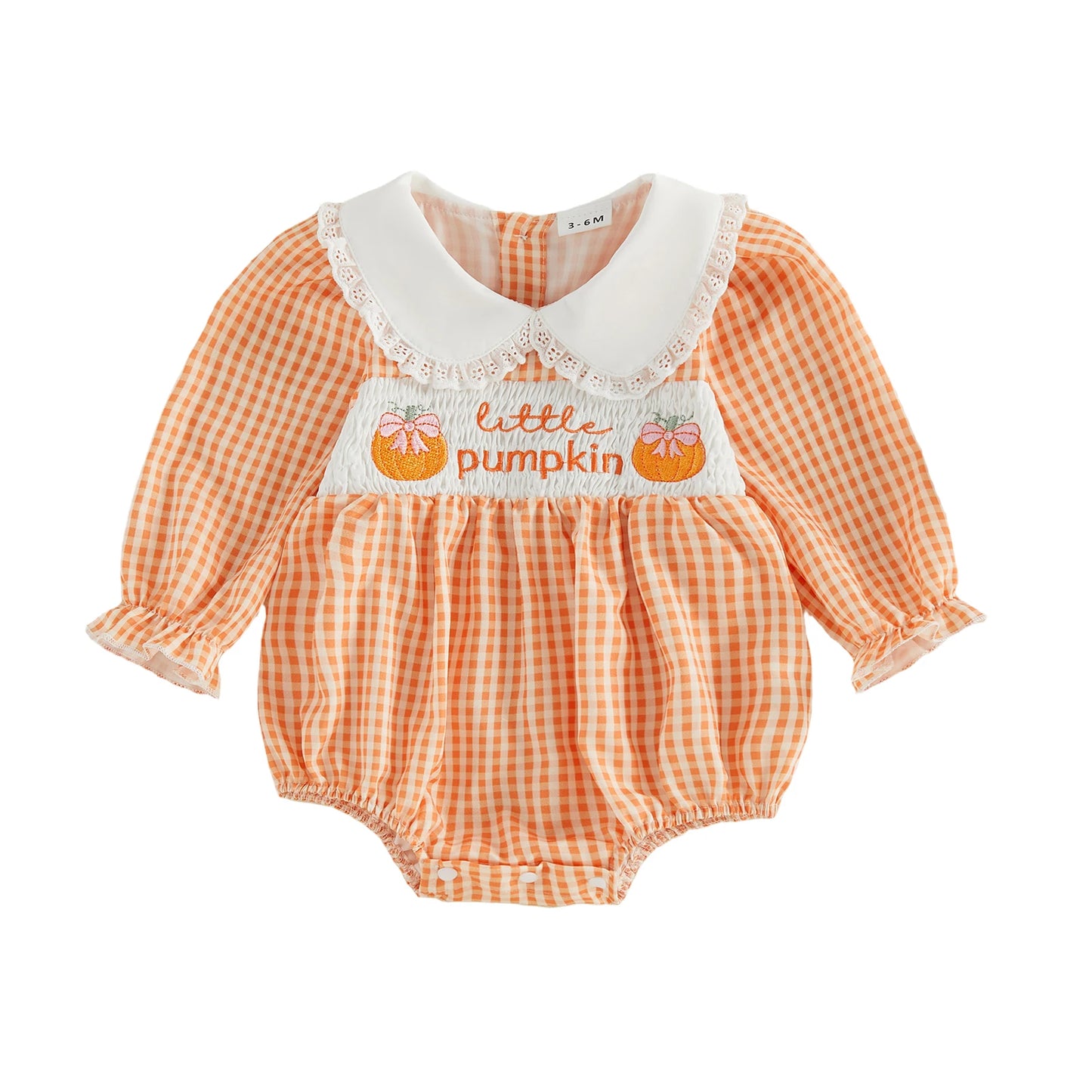 Little Pumpkin Smocked Baby Romper | Orange Gingham Fall Outfit