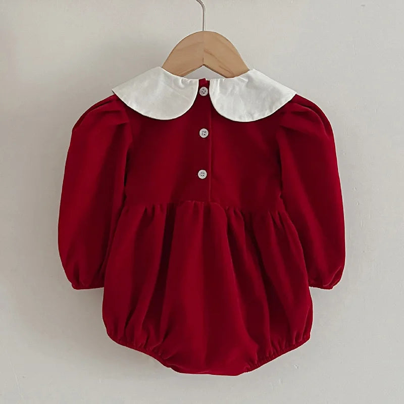 Vintage Red Velvet Baby Romper with White Collar – Holiday Baby Outfit | MGK & Co