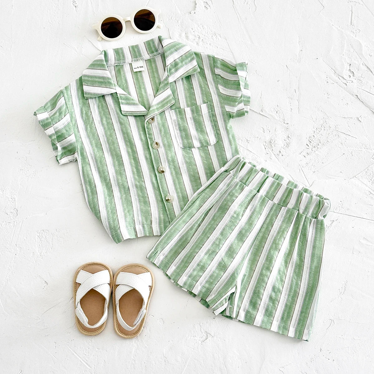 Baby Boy Summer Outfit Set Green Striped Shirt & Shorts | Toddler Vacation Clothes