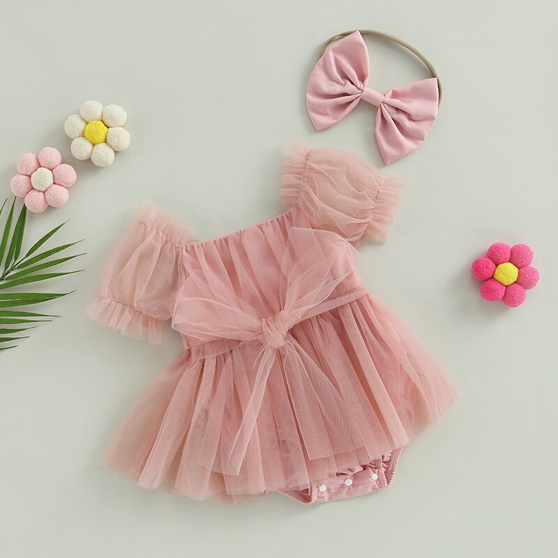 Baby girl pink & white Puff Sleeve romper