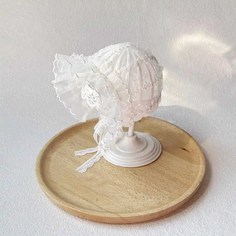 Baby Girl Lace Bonnet | White Ruffle Newborn Photo Hat