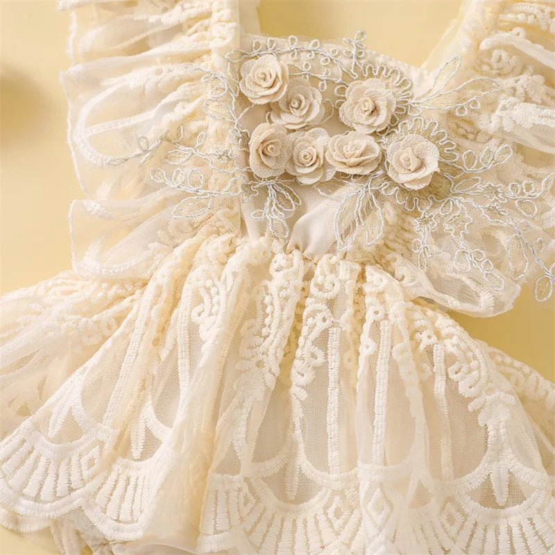 Baby Girl Lace Romper Dress Ivory | Floral Tulle Princess Outfit
