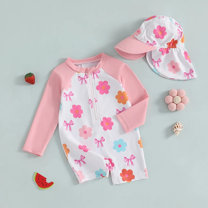 Baby Girl Strawberry Swim Romper Set | UV Sun Hat Summer Swimsuit