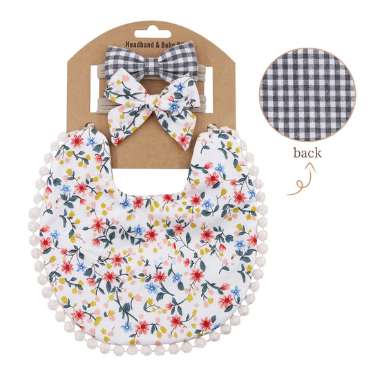 3-Piece Baby Bib & Headband Set – Cotton Pom Pom Bib with Matching Bow
