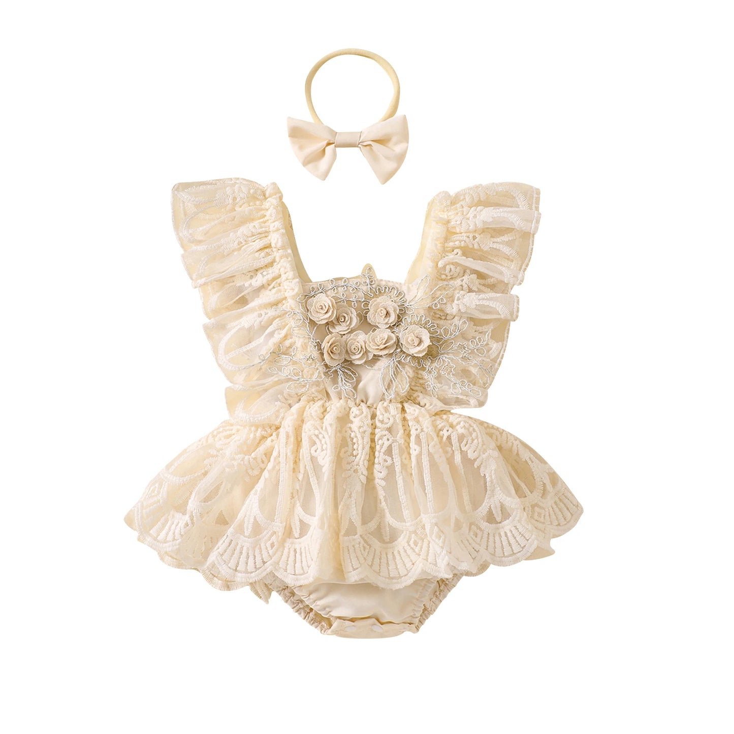 Baby Girl Lace Romper Dress with Matching Headband | Special Occasion Outfit