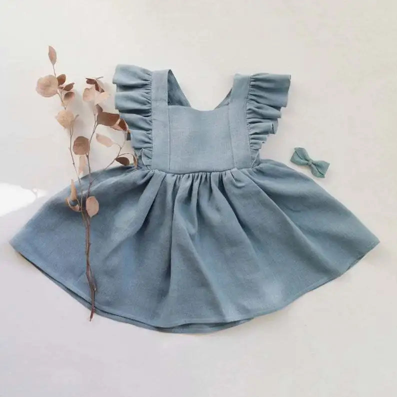 Baby Girl Ruffle Linen Dress | Sleeveless Summer Toddler Dress with Bow