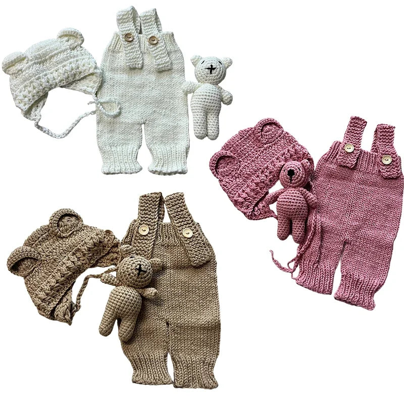 3pcs Newborn Photography Outfit | Knit Romper, Bear Hat & Teddy Set