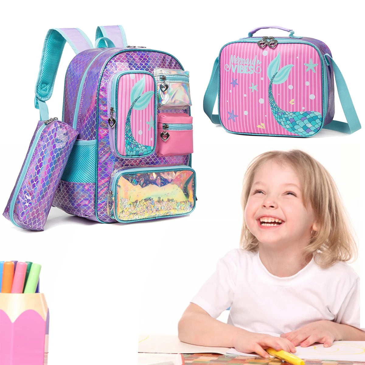 3-Piece Mermaid Backpack Set for Girls – School Backpack, Lunch Bag & Pencil Case