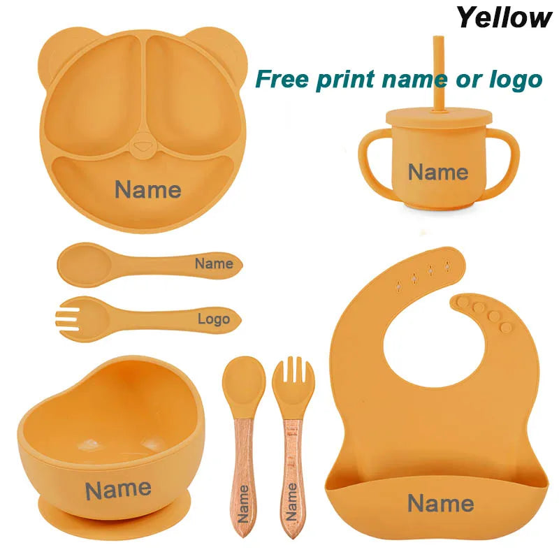 Baby Silicone Feeding Set – 8Pcs Suction Bowl, Bear Plate, Cup with Straw | Non-Slip Kids Tableware