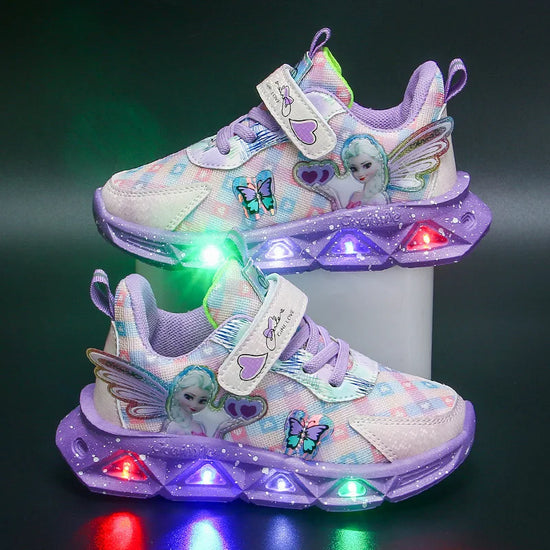 Girl's Sports Shoes Led Lights Sneaker Cartoon Princess PU Leather Girls' Pink Children's Running Shoes