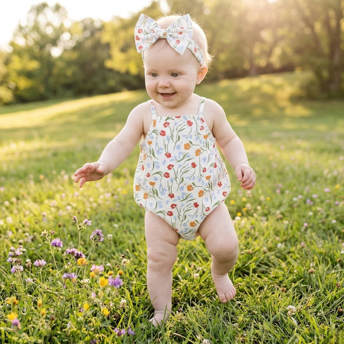 Baby Girl Floral Romper | Summer Infant Bodysuit with Headband