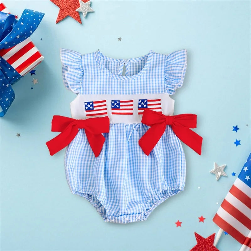 Baby Girl Patriotic Romper | 4th of July USA Flag Outfit Gingham Summer Set