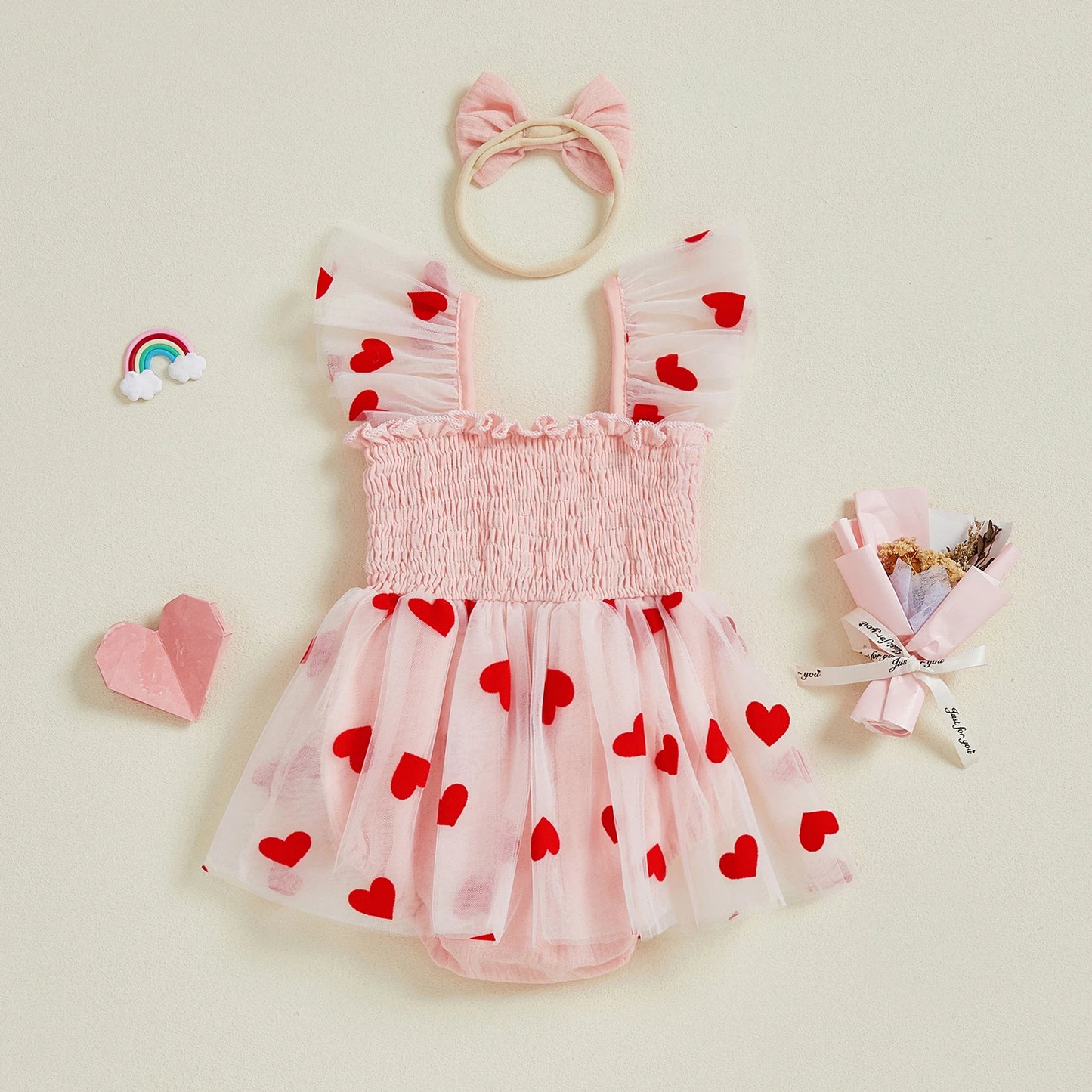 Valentine Baby Girl Tulle Romper Dress | Heart Print Bow Outfit